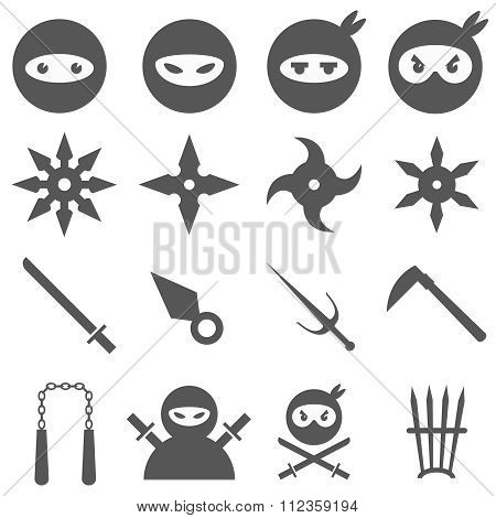 Ninja, samurai and weapons vector icons set