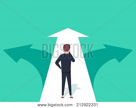 Choice way concept. Decision business metaphor. Vector flat style design. Isolated on background. Businessman before choosing. Crossroads arrows. Decide direction. Human standing choice of ways.