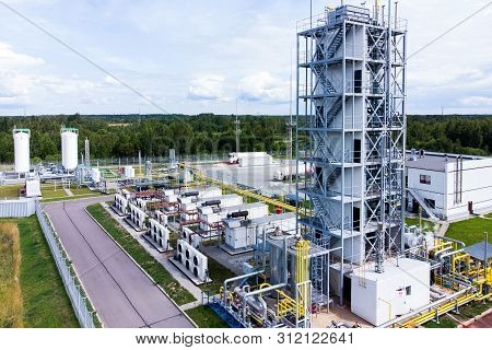 Close Up Of Metal Construction On Oil And Gas Industrial, Oil Refinery Plant Form Industry, Refinery