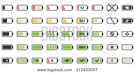 Battery Charge Icons. Powered Indicator, Charging Empty Batteries And Low Battery Power Icon. Smartp