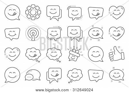 Yummy Smile Line Icons. Emoticon Speech Bubble, Social Media Message, Smile With Tongue. Tasty Food 