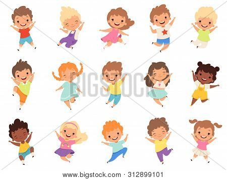 Jumping Kids. Happy Funny Children Playing And Jumping In Different Action Poses Education Little Te