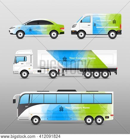 Transport Advertisement Design In Blue And Green Abstract Template Decorative Icons Set Isolated Vec