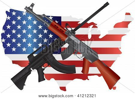 Assault Rifles With Usa Map Flag Illustration