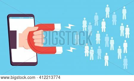 Lead Generation. Smartphone Screen With Hand Holding Magnet Attract New Customers Icons. Flat Social