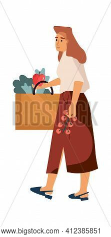 Woman At Grocery Store. Shopping Concept. Cartoon Female Making Purchases. Isolated Girl Carrying Ba