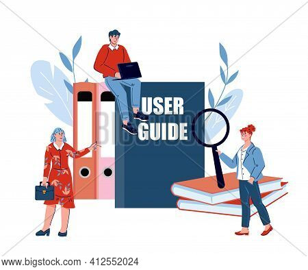 Concept Of User Manual Guide For Web Page Banner Or Social Media Poster With People Standing Next To