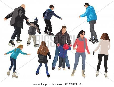 Ten people skating on ice. Color vector illustration.