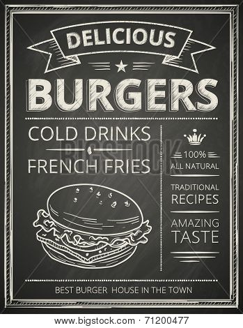 Burger poster stylized like sketch drawing on the chalkboard.Vector illustration. 