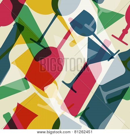 Abstract Colorful Cocktail Glass And Wine Bottle Seamless Pattern. Concept For Bar Menu, Party, Alco