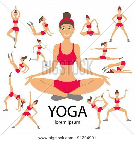 Vector Yoga Illustration Set Women Sketch Asana Girl Healthy Lifestyle