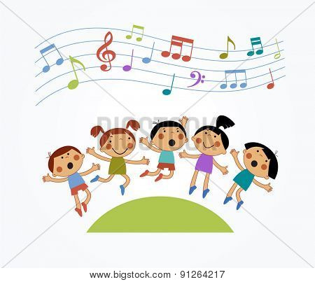  Cartoon children jumping and musical notes. Modern colorful design. Children who are jumping and singing