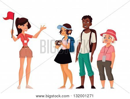 Tour vacation with guide, vector cartoon comic illustration isolated on a white background, a group of tourists listening to the history of the city, exploring attractions in the journey, guide tells