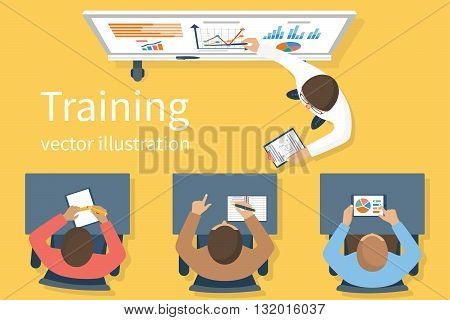 Business training. Training staff. Briefing meeting. Corporate training. Business seminar. Training concept. Flat style vector. Conference employee. Training conference planning business decisions.