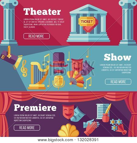 Theatre vector flat banners set. Premiere theater, show theater web page theater, banner theater, poster theater performance illustration