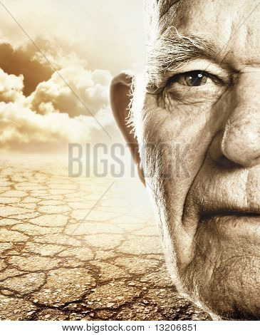 Elderly man's face over dry desert land background