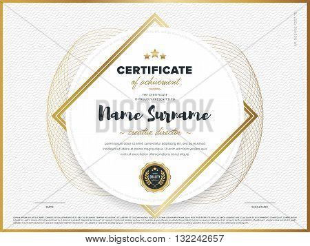 Certificate vector template. Diploma design. Graduation, achievement, success. Certificate document. Certificate design. Business document. Decorative certificate. Gold certificate. Certificate.