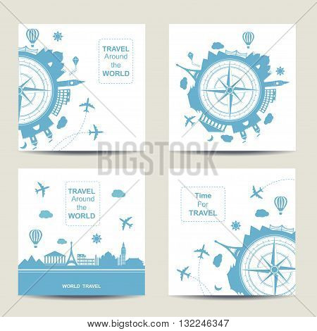 Set of four travel card templates. Square cards. Famouse places. Travel around the world vector illustration. Travelling by plane, airplane trip in various country. Flat icon modern design style poster. Travel banner. Travel agency round icon.