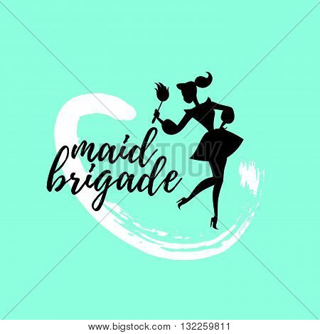 Vector logo for cleaning company. Flat cleaning service insignia. Simple cleaning logo icon isolated on blue background. Cheerful Cinderella icon. Hand written font.