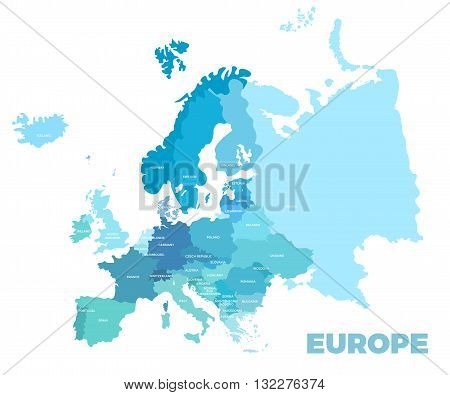 Europe modern detailed map. All european countries with names. Vector template of beautiful flat map design