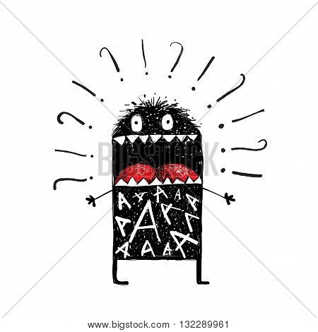 Ugly black funny creature, bizarre hesitant character. Hand drawn vector illustration