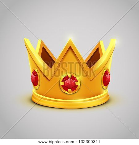 Golden king crown with red jewels. King crown. Golden crown. Isolated crown image. Crown picture. King crown with jewelry. Crown vector. Vector illustration