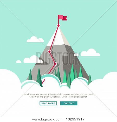 Business concept, goal achievement, success, victory. Route with flag. Flat style, vector illustration.