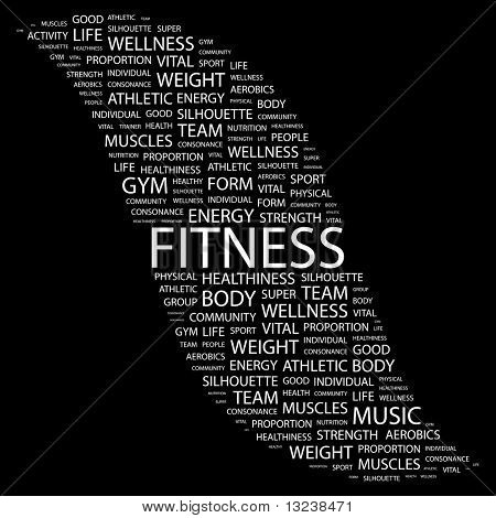 FITNESS. Word collage on black background. Illustration with different association terms.