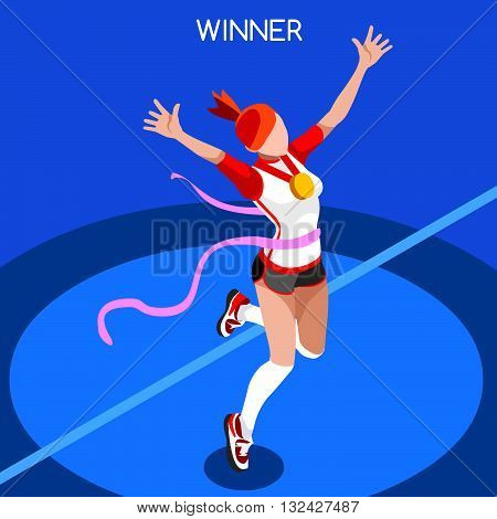 2016 Running Winning Woman Athletics Summer Games Icon Set.Win Concept.3D Isometric Win Runner Athlete.Sport of Athletics Sporting Competition.Sport Infographic Track Field Vector Illustration