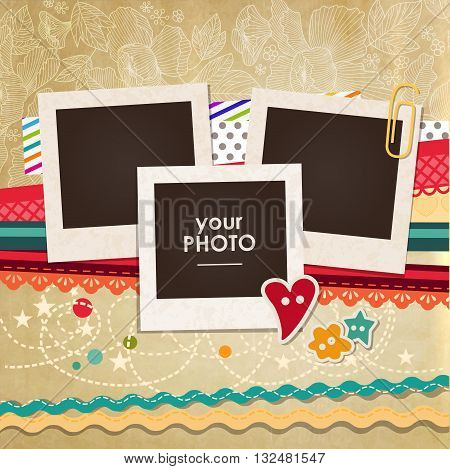 Collage photo frame on vintage background. Album template for kids, family or memories. Scrapbook concept, vector illustration.