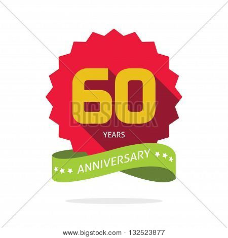 Years 60 anniversary vector label logo, shadow on star, number 60, 60th years anniversary icon. Sixtieth birthday party symbol. Sixty promotion sale sticker ribbon, poster, emblem