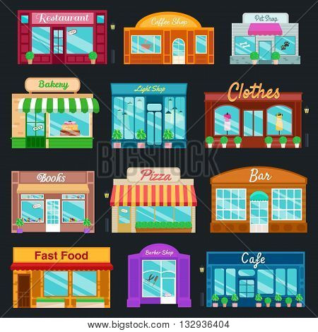 Shops and stores icons set in flat design style. shop, newspaper shop, coffee shop, ice cream shop, flower shop, vegetable and fruit store. Vector illustration