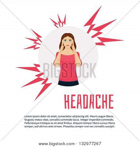 Woman with headache squeezing her head with hands. Vector migraine headache design template with place for text. Woman with acute pain in her head headache relief. Healthcare and migraine concept