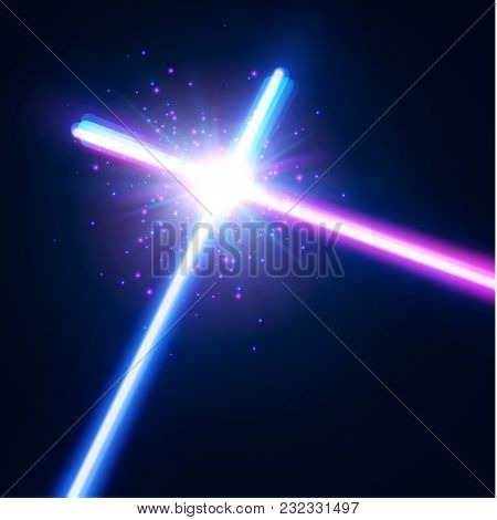 Glowing Rays In Space. Crossing Laser Sabers War. Abstract Background With Two Crossed Light Neon Sw