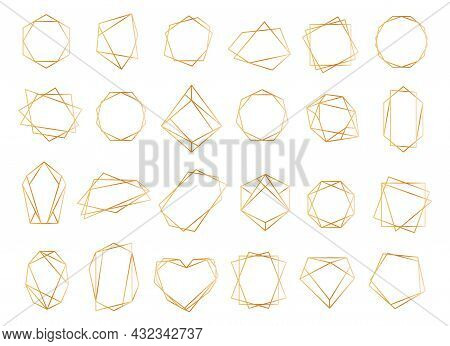 Gold Geometric Frames, Polygonal Line Crystal Shapes Border. Elegant Golden Frame For Wedding Invita