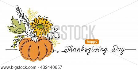 Thanksgiving Day One Line Art Background With Pumpkin Vegetable Composition. Simple Vector Greating 