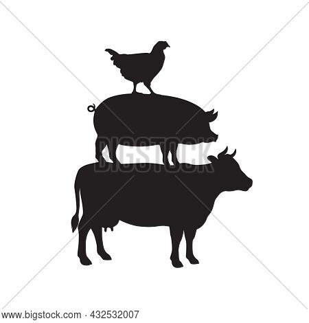 Domestic Livestock Graphic Symbol. Pyramid From Cow, Pig And Chicken Sign Isolated On White Backgrou