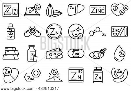 Zinc Icons Set Outline Vector. Mineral Supplement. Vitamin Food