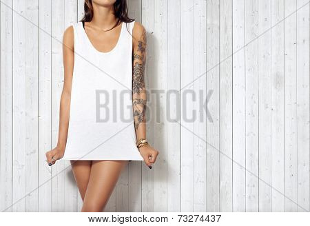 Woman Wearing Blank Sleeveless T-shirt