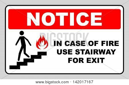 in case of fire use stairway for exit sign. man going on emergency exit. warning banner. vector symbol. notice sticker for flight of stairs.