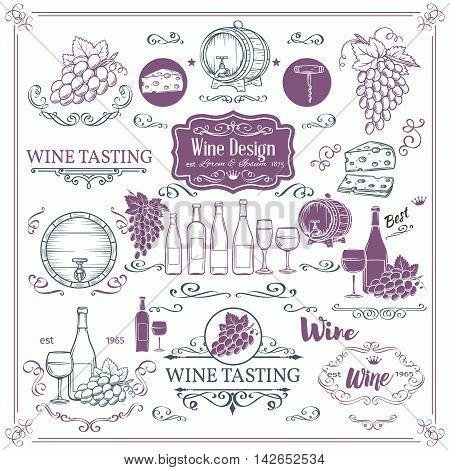 Decorative vintage wine icons. Ink vintage design for wine shop. Vector design elements of wine and calligraphy swirl for the design of wine labels cards brochures.