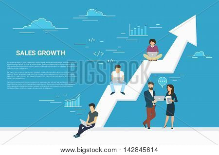 Business growth concept illustration of business people working together as team and sitting on the big arrow. Flat people working with laptops to develop business. Blue background with copy space