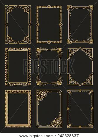 Vintage Frames Collection Golden Borders Isolated On Black Background. Decorative Gold Frames Set Or