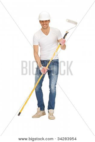 bright picture of handsome painter in helmet.