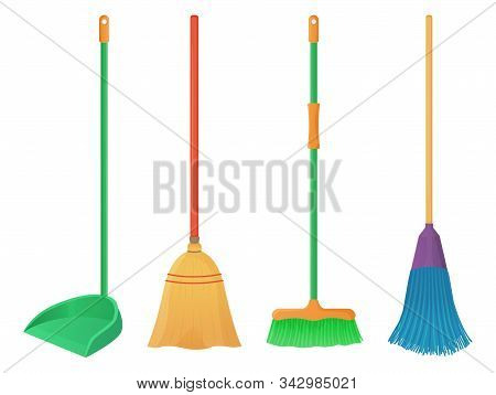 Cartoon Plastic And Wood Broom Set. A Broom Sweeps Dust And Dirt On Scoop. Housework, Cleaning Servi