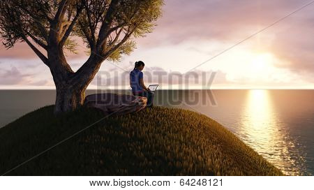 woman working on laptop on a mountain top