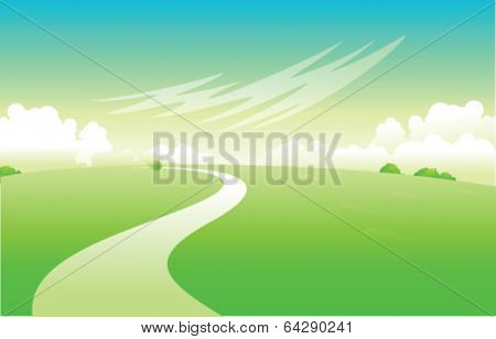 Curved path over green landscape