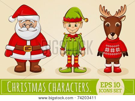 Christmas Characters: Santa, Elf And Reindeer. Vector Set.