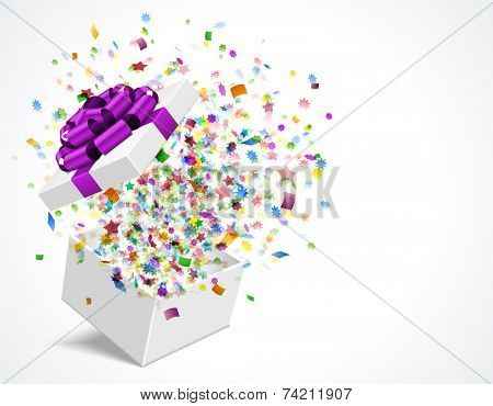 Gift box open and with bow and ribbon vector illustration. Fireworks sparkles and confetti.