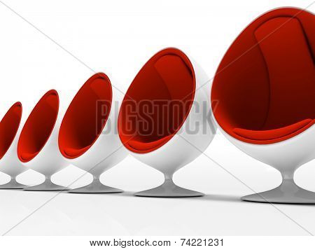 Five red chairs isolated on white background